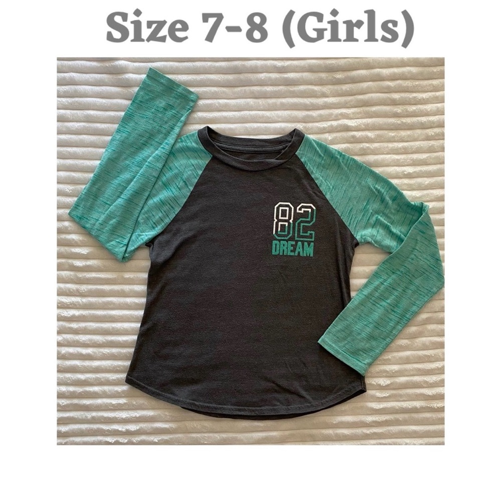 Danskin Now Girls Charcoal Teal Raglan T-Shirt Long Sleeve Crew Dream Size 7-8